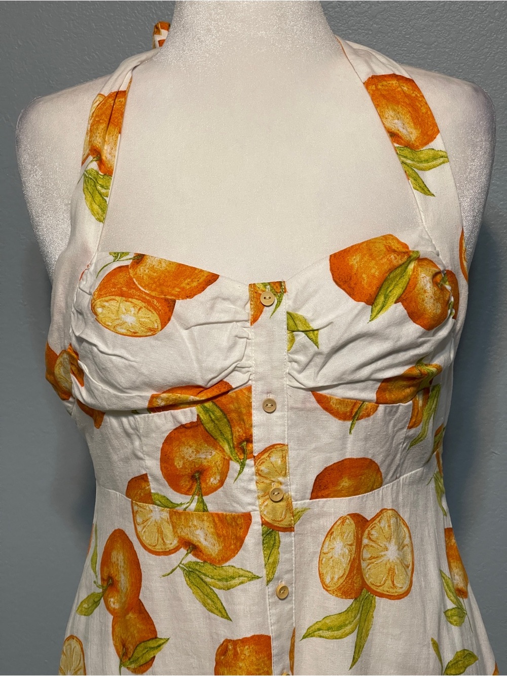 Zara Citrus Print Halter Midi Dress White Orange Fruit Sundress Coastal Large - Picture 4 of 11